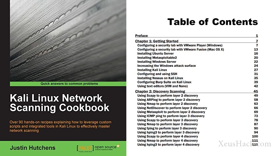 The cover and table of contents of the book: Kali Linux Network Scanning Cookbook