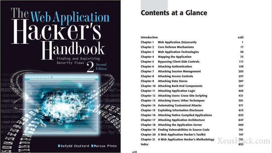 The cover and table of contents of the book: The Web Application Hacker's Handbook: Finding and Exploiting Security Flaws 