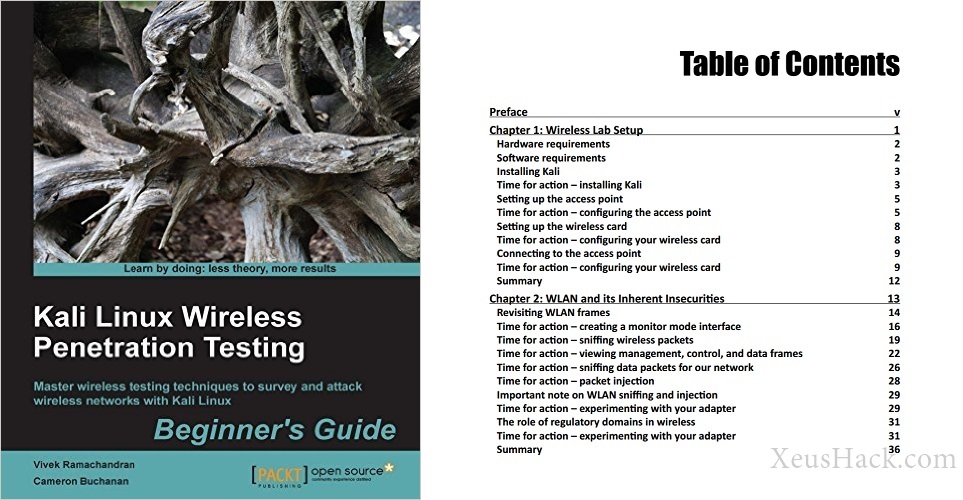 The cover and table of contents of the book: Kali Linux Wireless Penetration Testing: Beginner's Guide