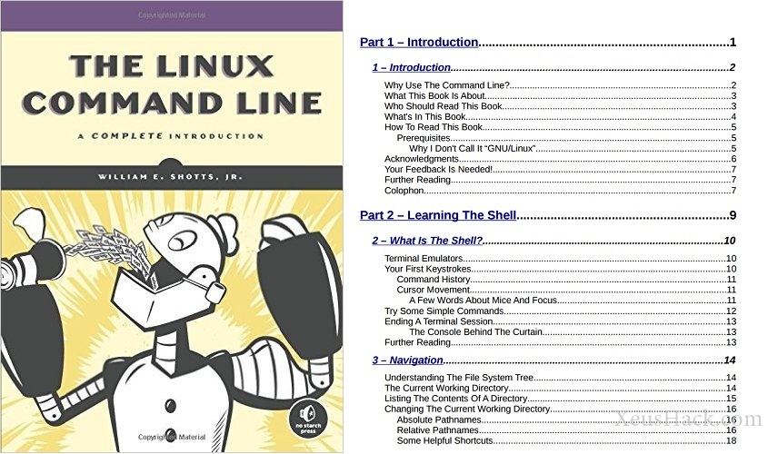 The cover and table of contents of the book: The Linux Command Line: A Complete Introduction
