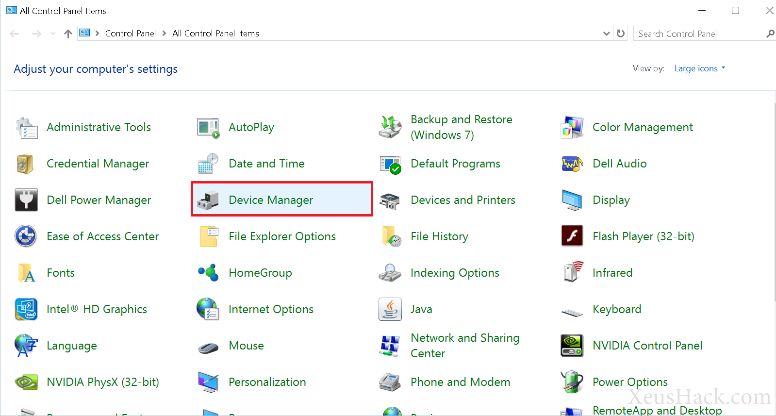 Open device manager from the control panel